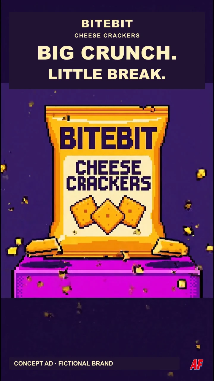 Golden BITEBIT cheese-cracker bag and chunky pixel crackers on a purple arcade-style set, beneath BIG CRUNCH. LITTLE BREAK.