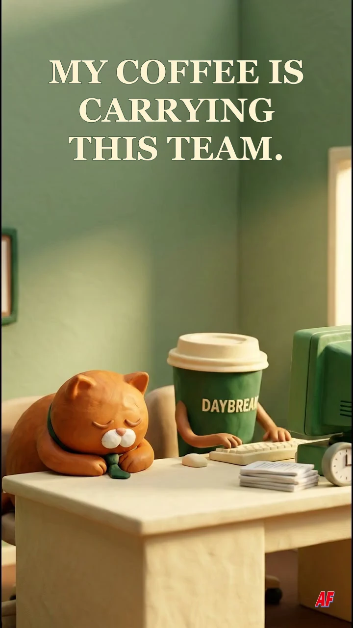 A sleepy clay cat beside a DAYBREAK coffee cup typing at an office computer.