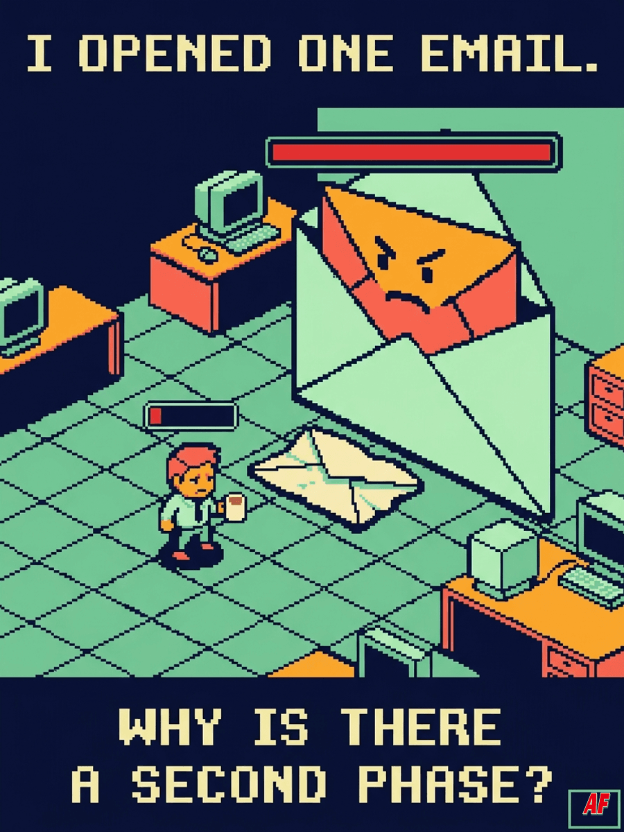 Pixel-art meme: I OPENED ONE EMAIL. WHY IS THERE A SECOND PHASE? A tiny office adventurer faces a huge envelope boss.