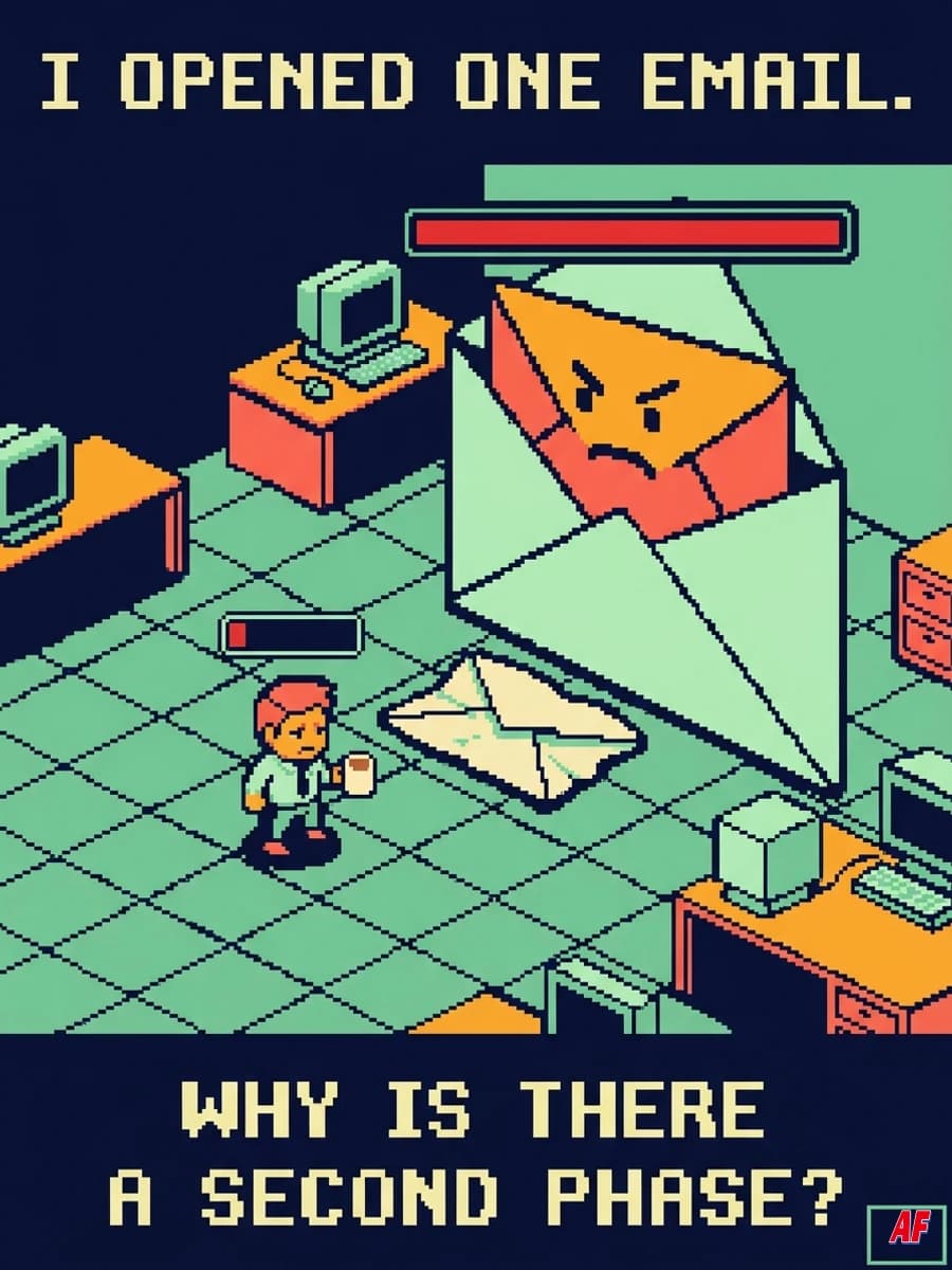 Pixel-art meme: I OPENED ONE EMAIL. WHY IS THERE A SECOND PHASE? A tiny office adventurer faces a huge envelope boss.