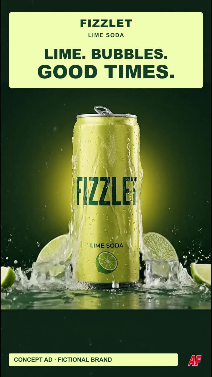 FIZZLET lime soda can with condensation, fresh limes and ice, beneath the words LIME. BUBBLES. GOOD TIMES.