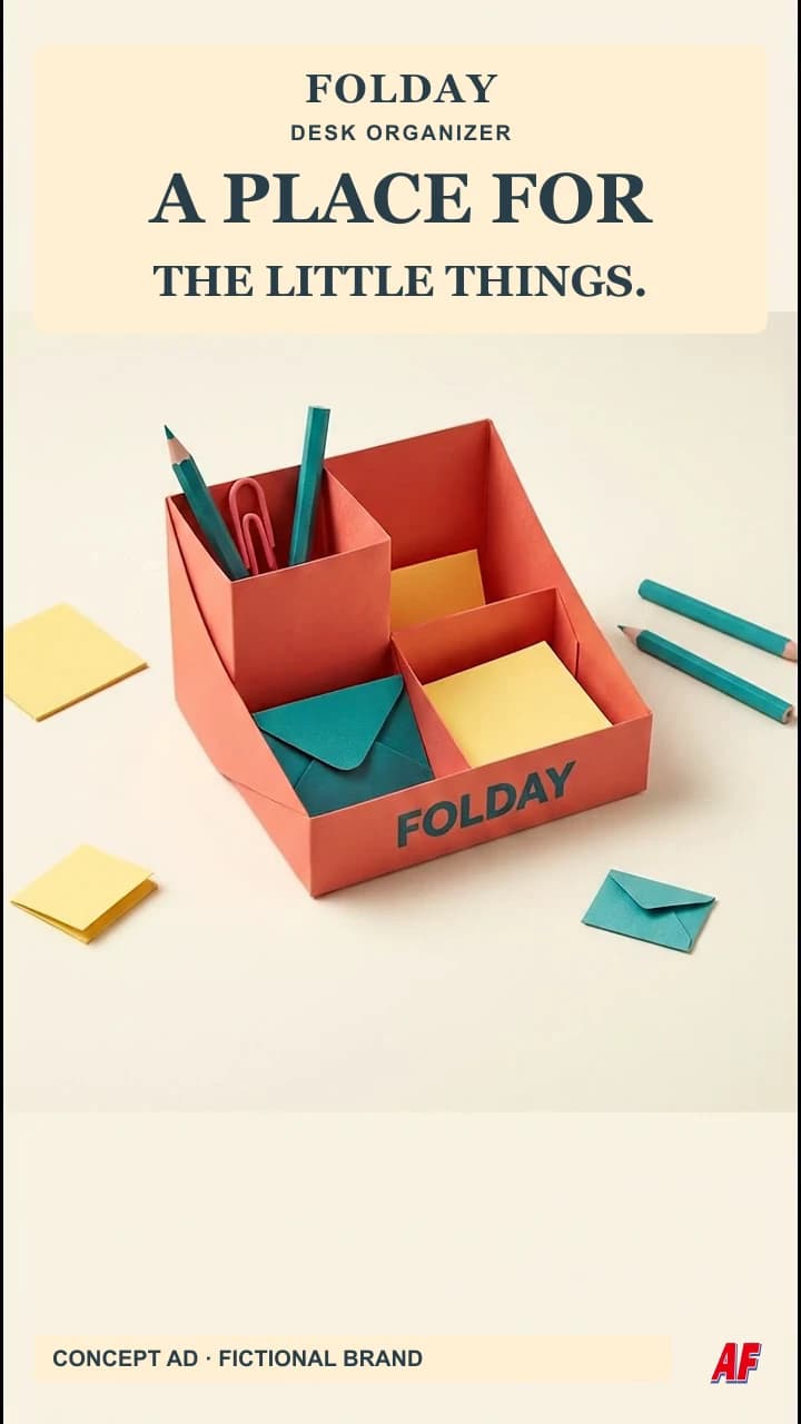 Coral FOLDAY desk organizer with pencils and paper stationery in a handmade paper set, beneath A PLACE FOR THE LITTLE THINGS.