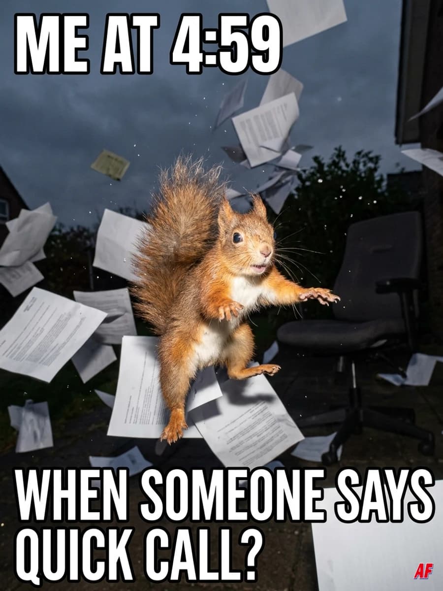 Meme: ME AT 4:59. WHEN SOMEONE SAYS QUICK CALL? A flash-lit squirrel is swept up in a whirlwind of office papers.