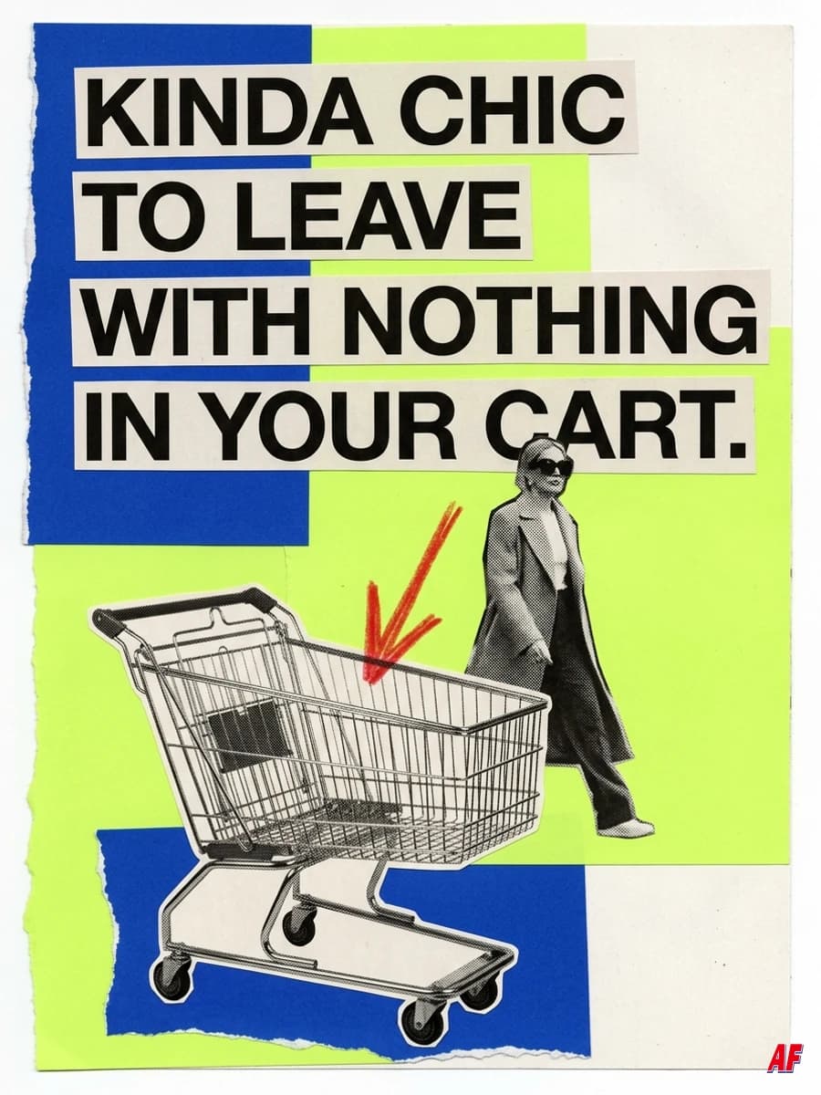 Fashion collage meme: KINDA CHIC TO LEAVE WITH NOTHING IN YOUR CART. A stylish shopper walks away from an empty shopping cart.