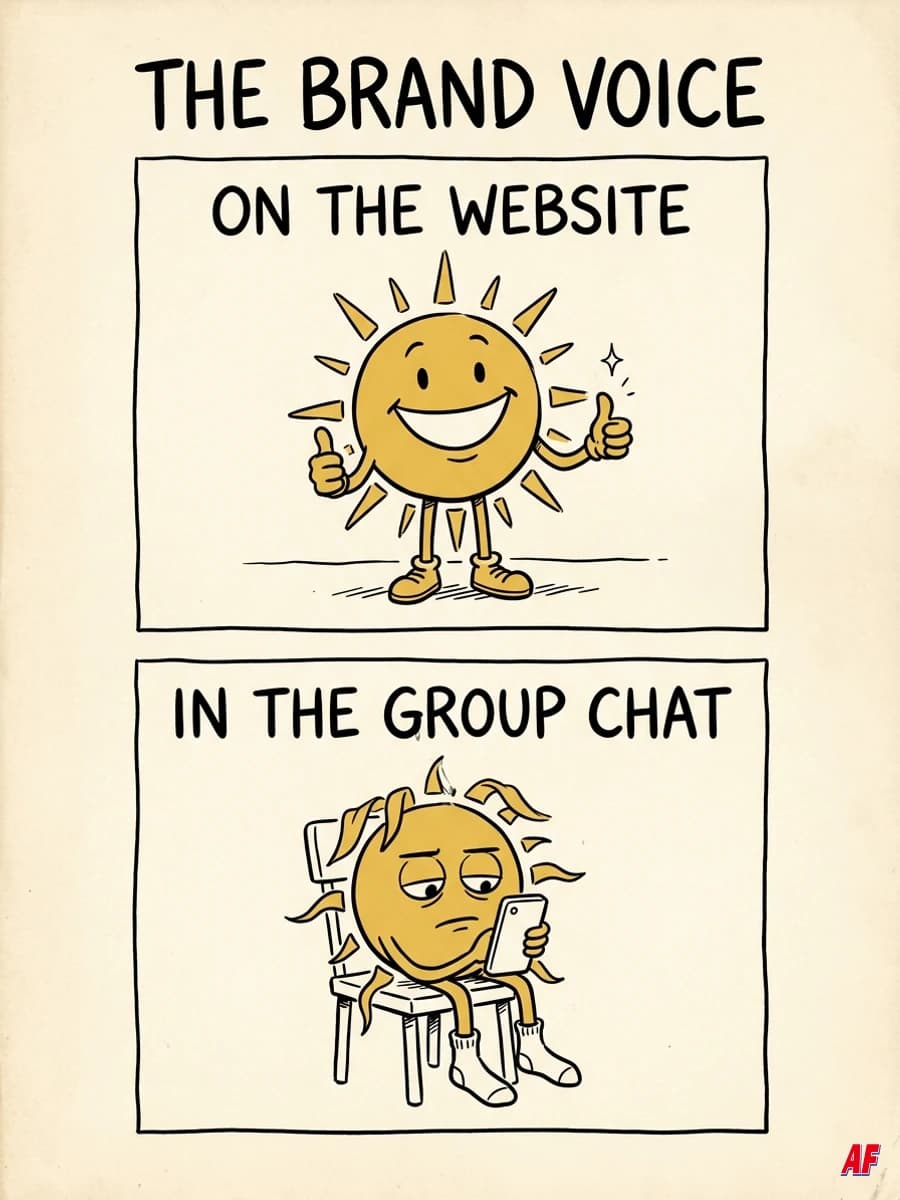 Two-panel newspaper comic titled THE BRAND VOICE. ON THE WEBSITE: a cheerful sun mascot. IN THE GROUP CHAT: the same sun slumped in a chair with a phone.