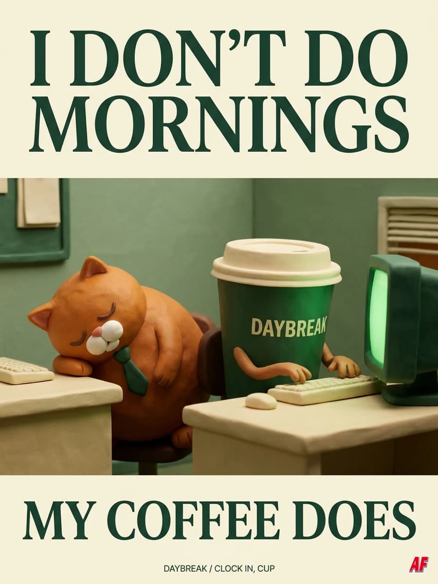 Meme: I DON’T DO MORNINGS. MY COFFEE DOES. A ginger cat sleeps while its DAYBREAK coffee cup types at a computer.