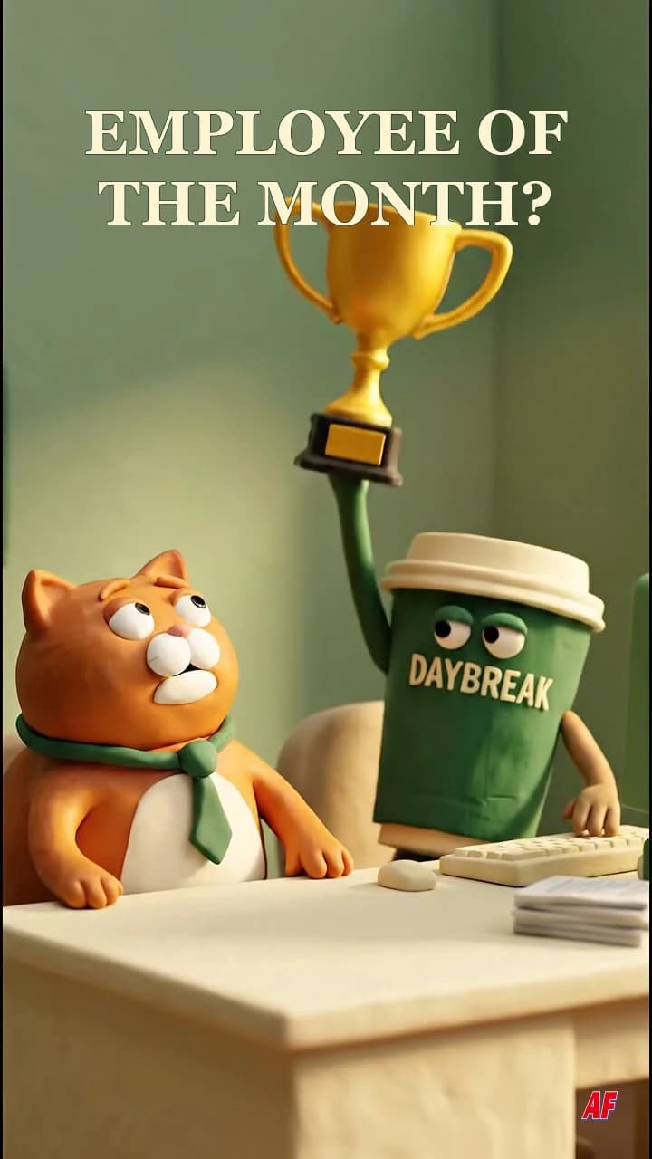 A clay coffee cup and ginger cat compete for a tiny employee trophy.