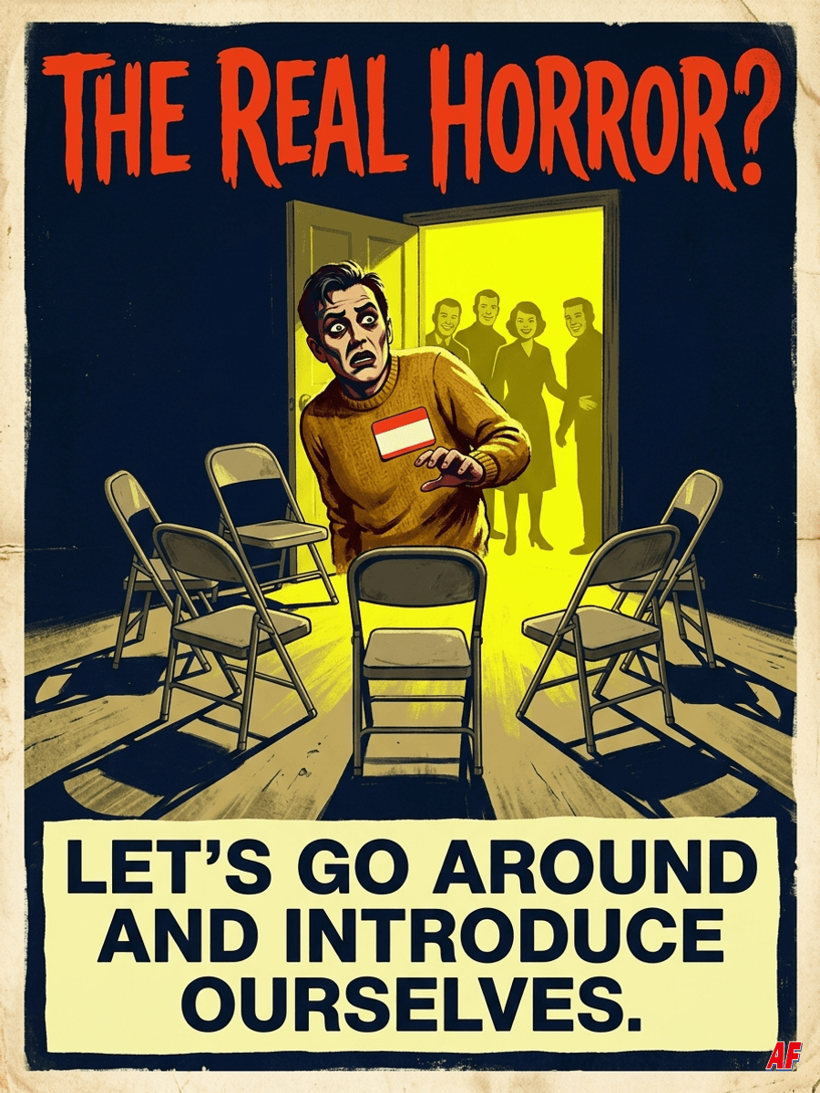 Vintage horror-poster meme: THE REAL HORROR? LET’S GO AROUND AND INTRODUCE OURSELVES. A frightened adult faces a friendly circle of chairs.