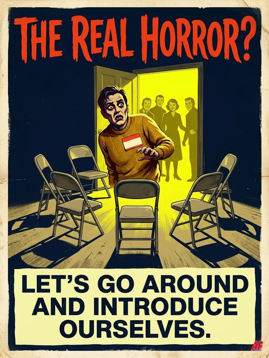Vintage horror-poster meme: THE REAL HORROR? LET’S GO AROUND AND INTRODUCE OURSELVES. A frightened adult faces a friendly circle of chairs.